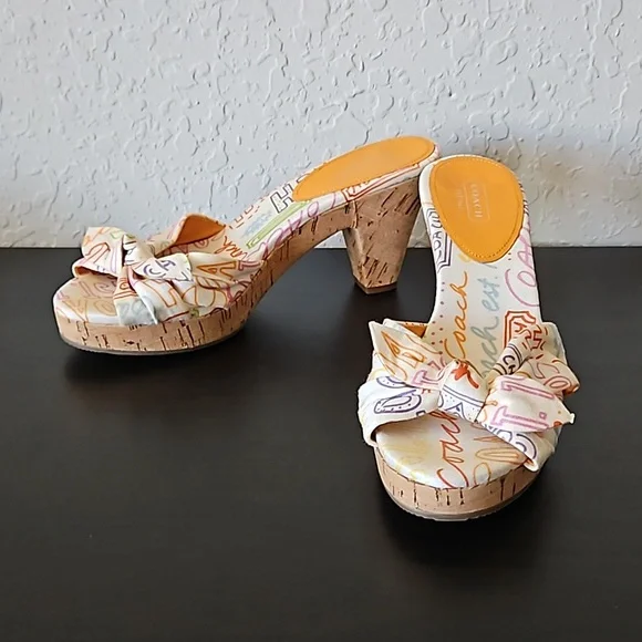 Coach Karen Graffiti Poppy Pop Cork Heels Slide Sandals, size 7.5 B - Picture 1 of 12